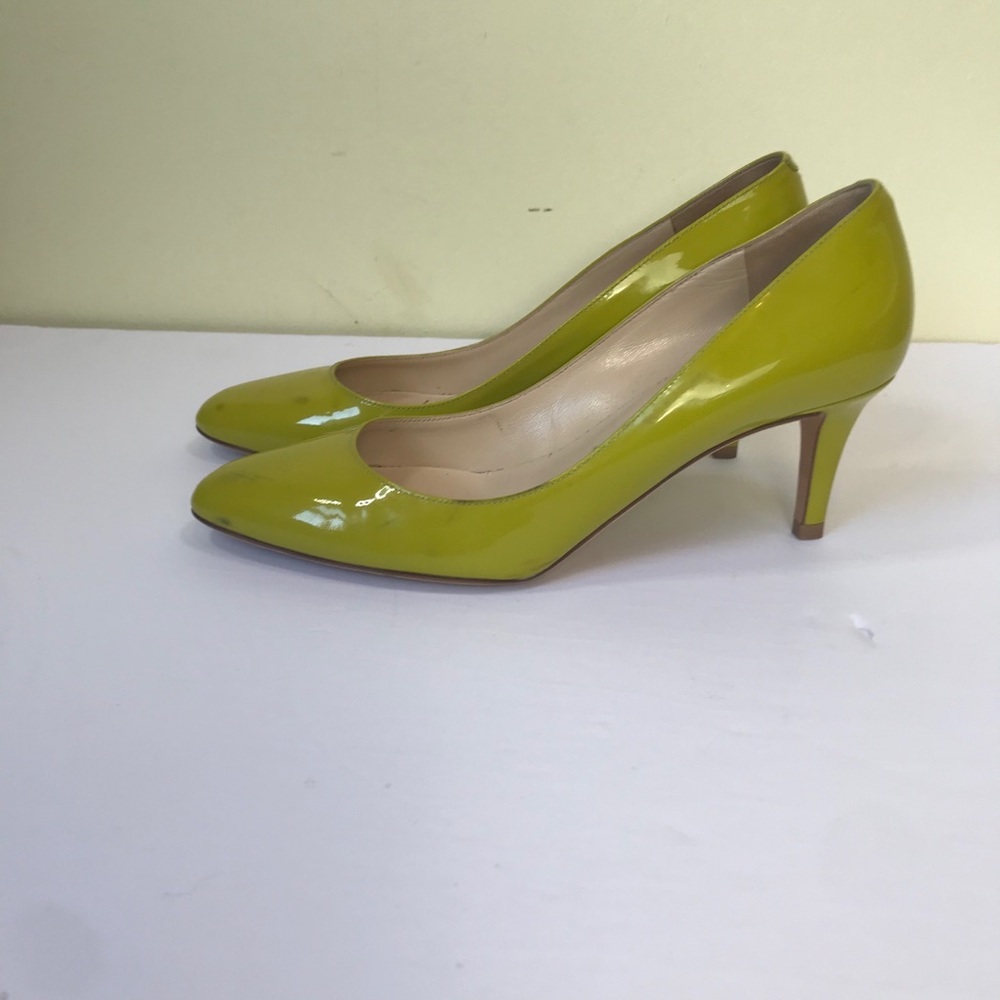 immy Choo Leather Patent Pumps Heels Shoes Almond Toe Chartreuse Green Slides - Picture 2 of 14